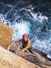 Angeles climbing on trad gear at Gogarth